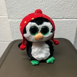 Penguin Plush with Red Hat and Green Feet. TY Beanie
